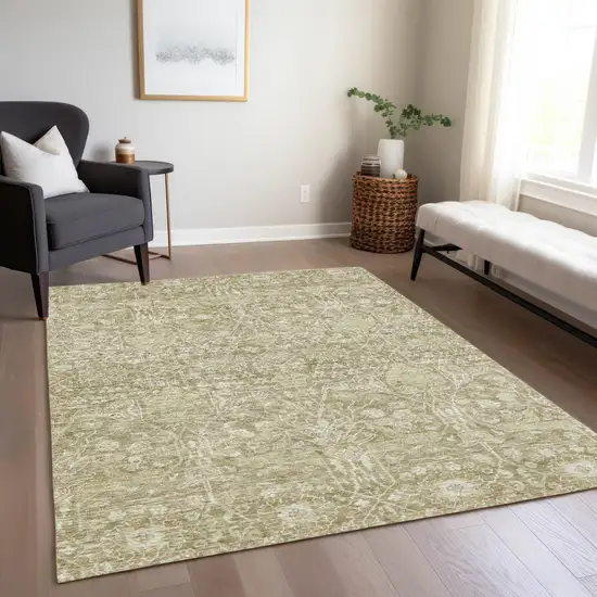 Taupe And Beige Floral Washable Indoor Outdoor Area Rug Photo 9