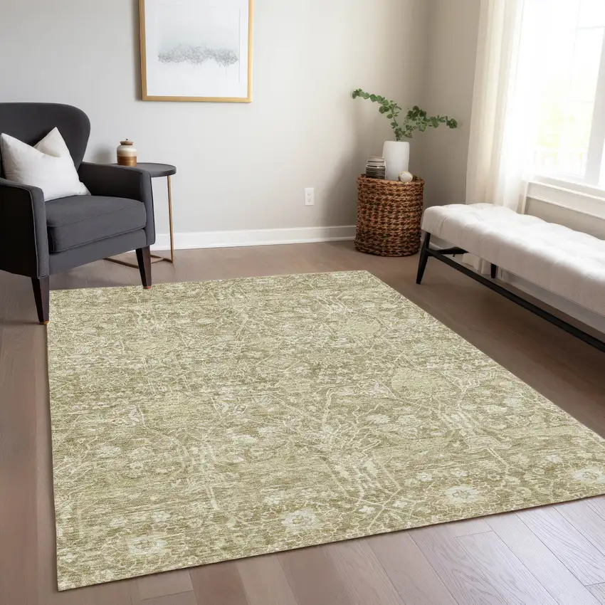 Taupe And Beige Floral Washable Indoor Outdoor Area Rug Photo 9