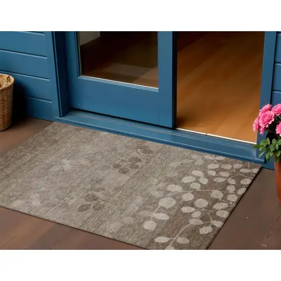 Taupe And Beige Floral Washable Indoor Outdoor Area Rug Photo 2