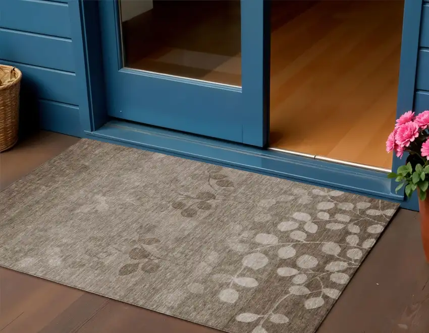 Taupe And Beige Floral Washable Indoor Outdoor Area Rug Photo 2