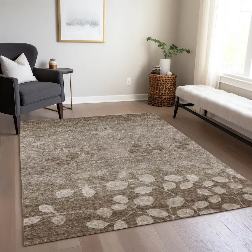 Taupe And Beige Floral Washable Indoor Outdoor Area Rug Photo 7