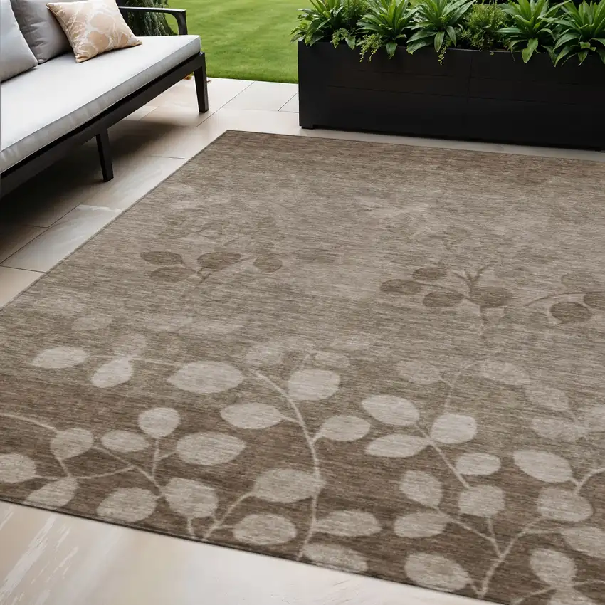 Taupe And Beige Floral Washable Indoor Outdoor Area Rug Photo 2