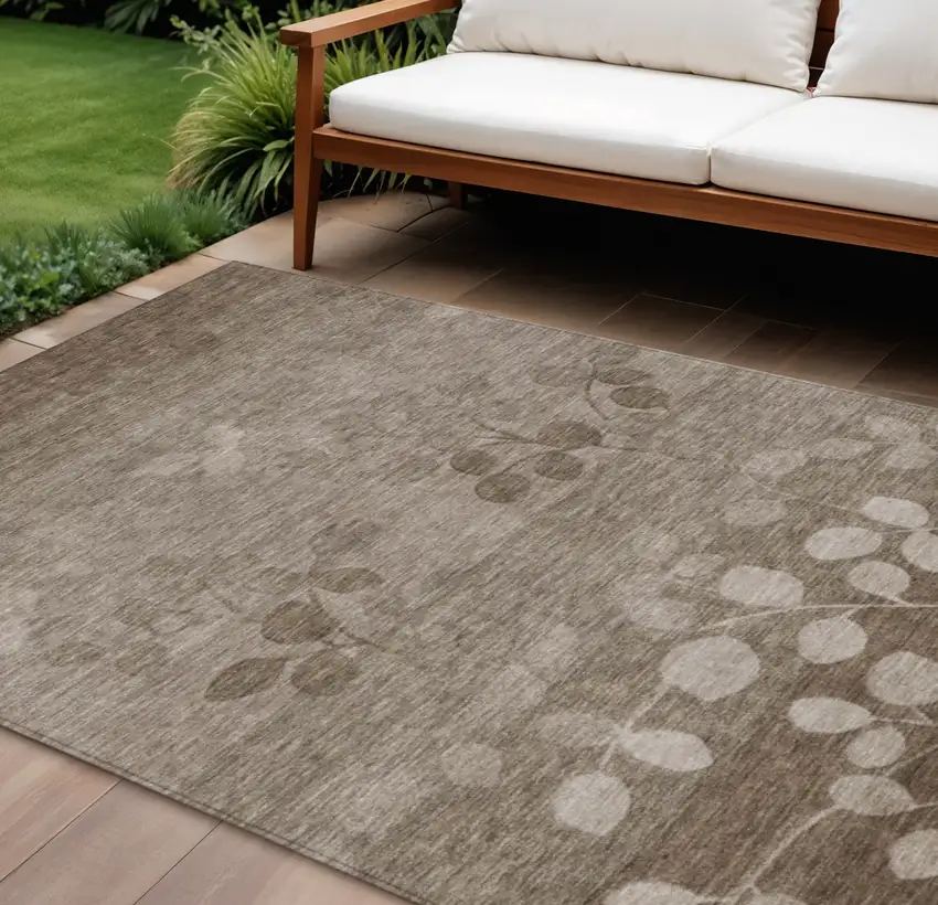 Taupe And Beige Floral Washable Indoor Outdoor Area Rug Photo 2