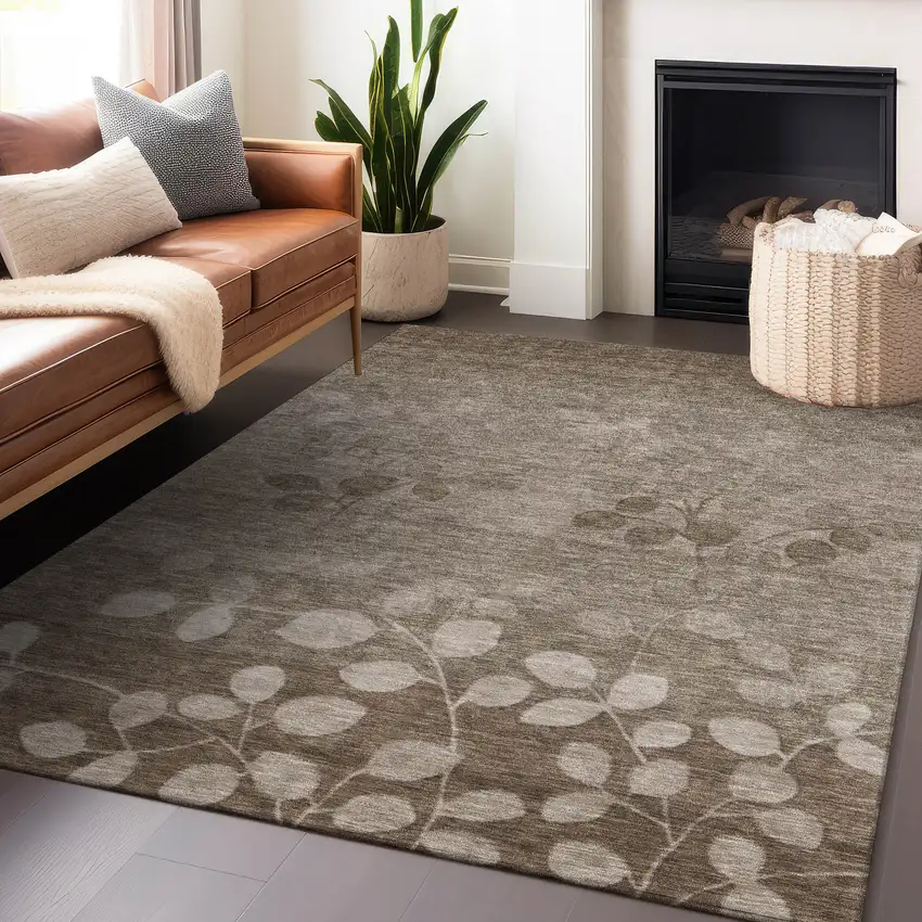 Taupe And Beige Floral Washable Indoor Outdoor Area Rug Photo 6