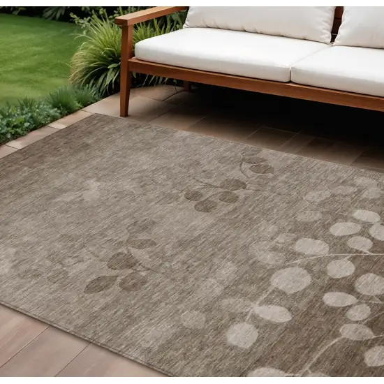 Taupe And Beige Floral Washable Indoor Outdoor Area Rug Photo 2