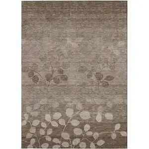 Photo of Taupe And Beige Floral Washable Indoor Outdoor Area Rug