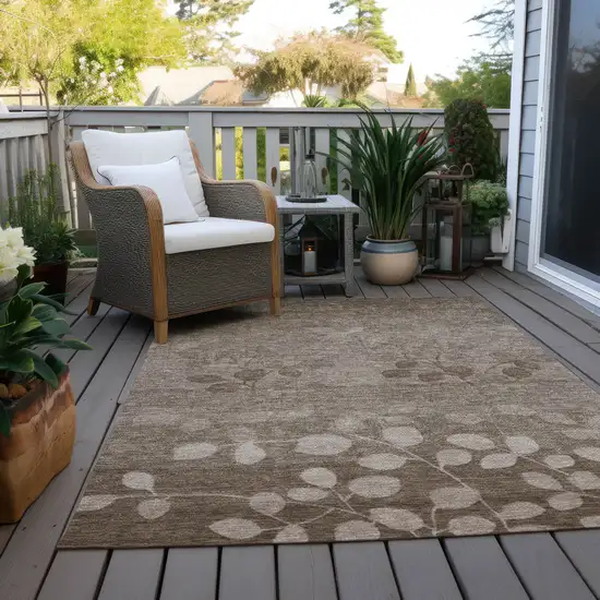 Taupe And Beige Floral Washable Indoor Outdoor Area Rug Photo 5