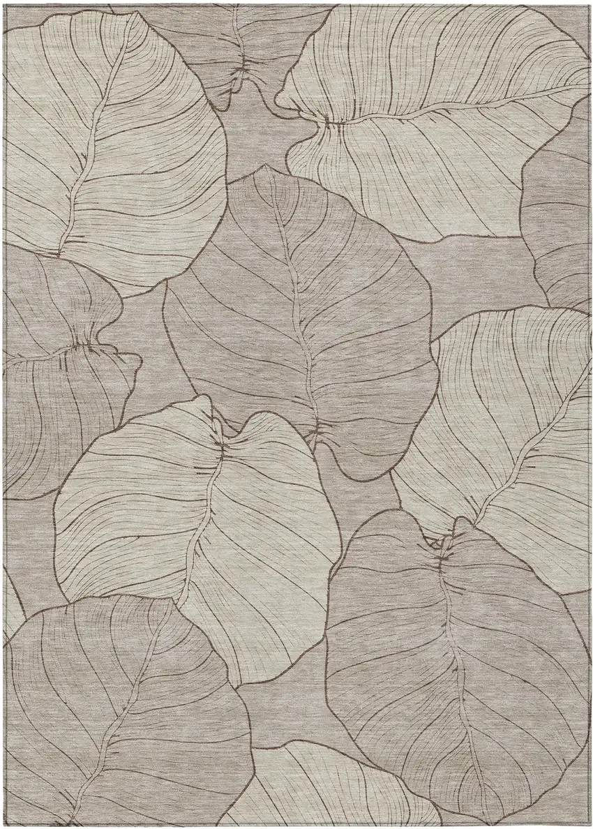 Taupe And Beige Floral Washable Indoor Outdoor Area Rug Photo 1