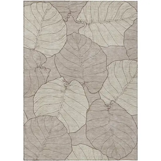 Taupe And Beige Floral Washable Indoor Outdoor Area Rug Photo 1