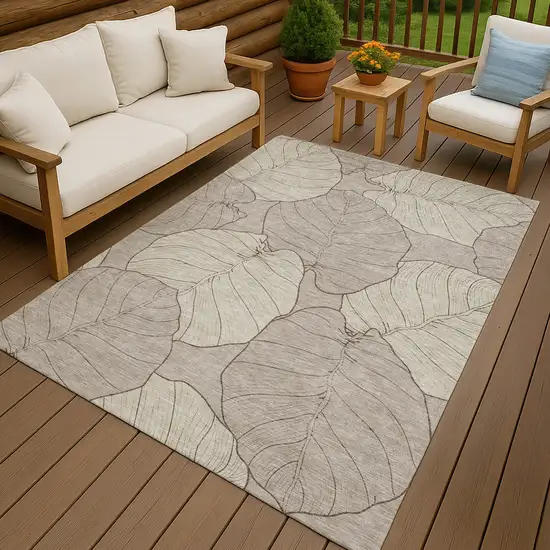 Taupe And Beige Floral Washable Indoor Outdoor Area Rug Photo 7