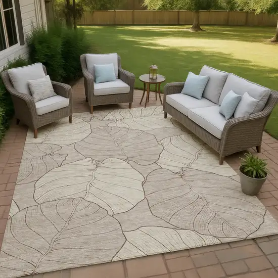 Taupe And Beige Floral Washable Indoor Outdoor Area Rug Photo 4