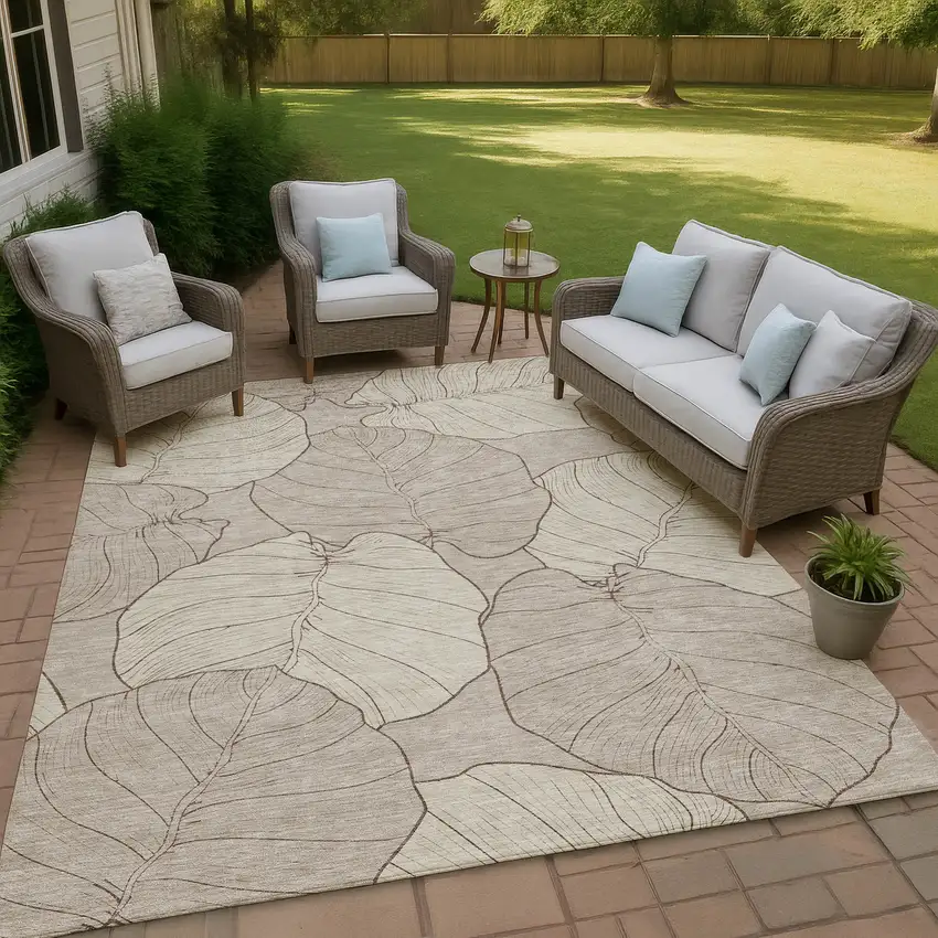 Taupe And Beige Floral Washable Indoor Outdoor Area Rug Photo 4