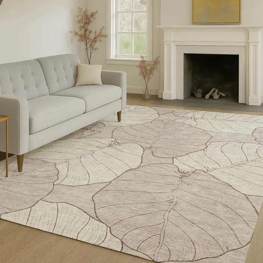 Taupe And Beige Floral Washable Indoor Outdoor Area Rug Photo 6