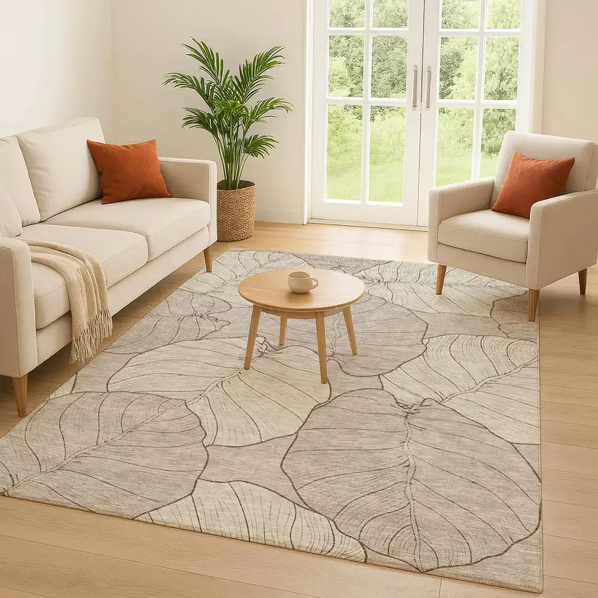 Taupe And Beige Floral Washable Indoor Outdoor Area Rug Photo 5
