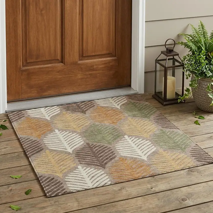 Taupe And Beige Floral Washable Indoor Outdoor Area Rug Photo 1
