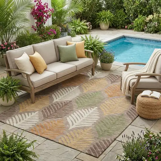 Taupe And Beige Floral Washable Indoor Outdoor Area Rug Photo 1