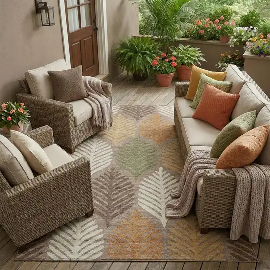 Taupe And Beige Floral Washable Indoor Outdoor Area Rug Photo 1