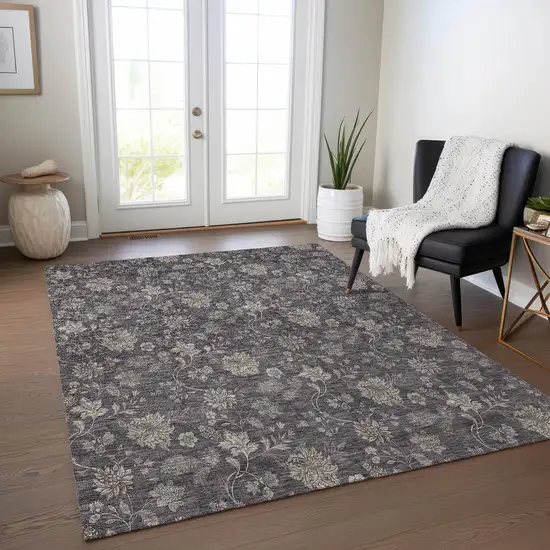 Taupe And Beige Floral Washable Indoor Outdoor Area Rug Photo 9