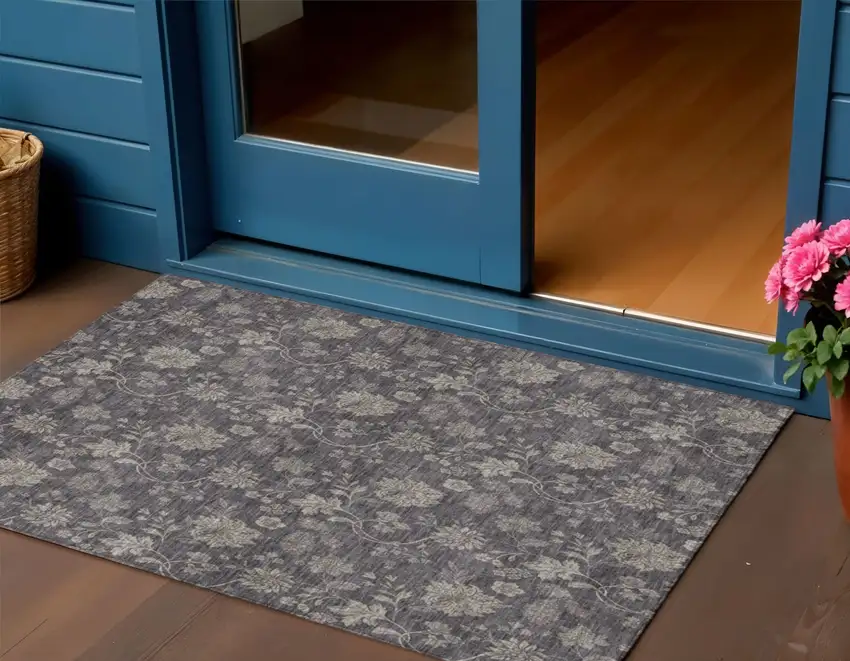Taupe And Beige Floral Washable Indoor Outdoor Area Rug Photo 1
