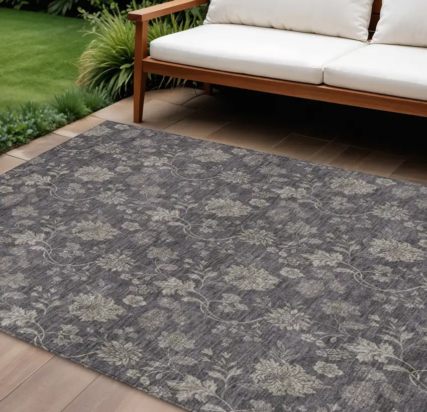 Taupe And Beige Floral Washable Indoor Outdoor Area Rug Photo 1