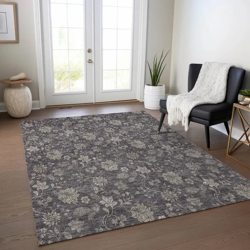 Taupe And Beige Floral Washable Indoor Outdoor Area Rug Photo 9