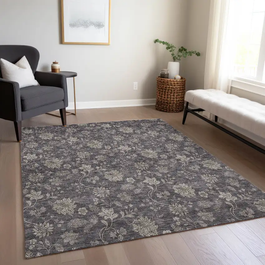 Taupe And Beige Floral Washable Indoor Outdoor Area Rug Photo 9