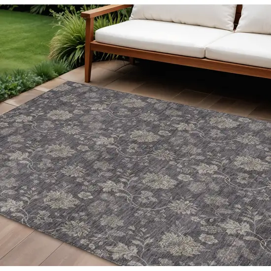 Taupe And Beige Floral Washable Indoor Outdoor Area Rug Photo 1