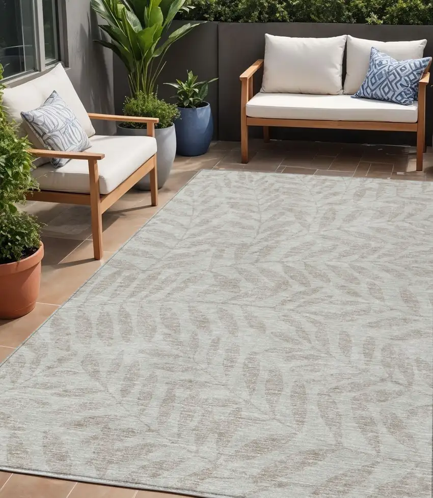 Taupe And Beige Floral Washable Indoor Outdoor Area Rug Photo 1