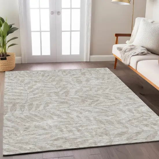 Taupe And Beige Floral Washable Indoor Outdoor Area Rug Photo 9