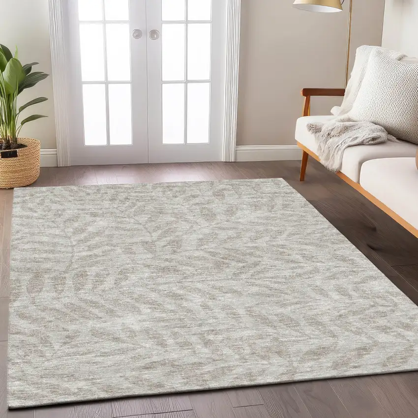 Taupe And Beige Floral Washable Indoor Outdoor Area Rug Photo 9