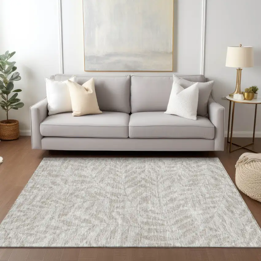 Taupe And Beige Floral Washable Indoor Outdoor Area Rug Photo 9