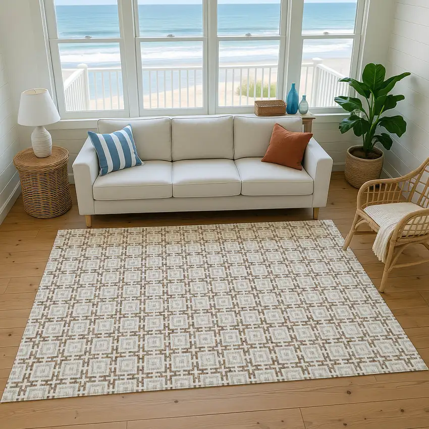 Taupe And Beige Geometric Washable Area Rug With UV Protection Photo 7