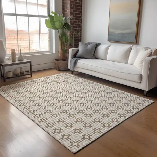 Taupe And Beige Geometric Washable Area Rug With UV Protection Photo 4