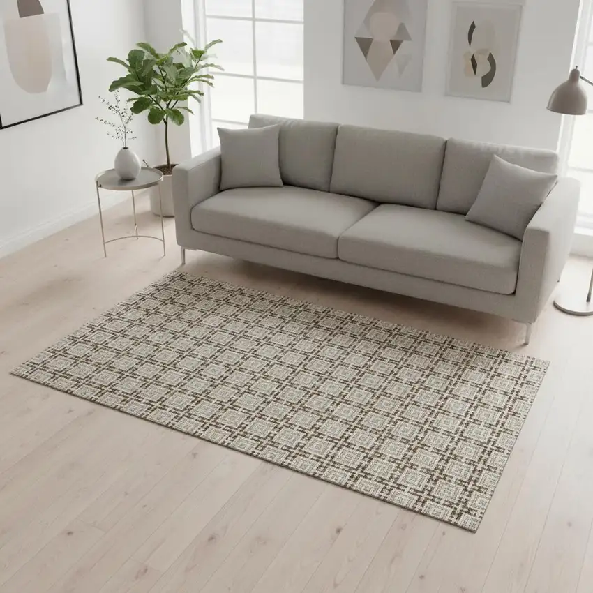 Taupe And Beige Geometric Washable Area Rug With UV Protection Photo 1