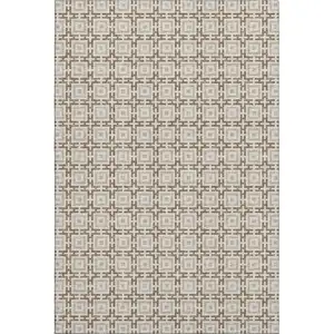 Photo of Taupe And Beige Geometric Washable Area Rug With UV Protection