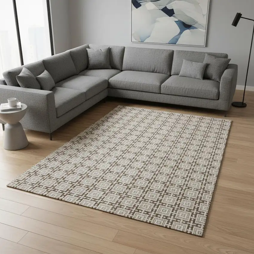 Taupe And Beige Geometric Washable Area Rug With UV Protection Photo 1