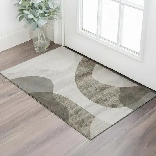 Taupe And Beige Geometric Washable Area Rug With UV Protection Photo 1