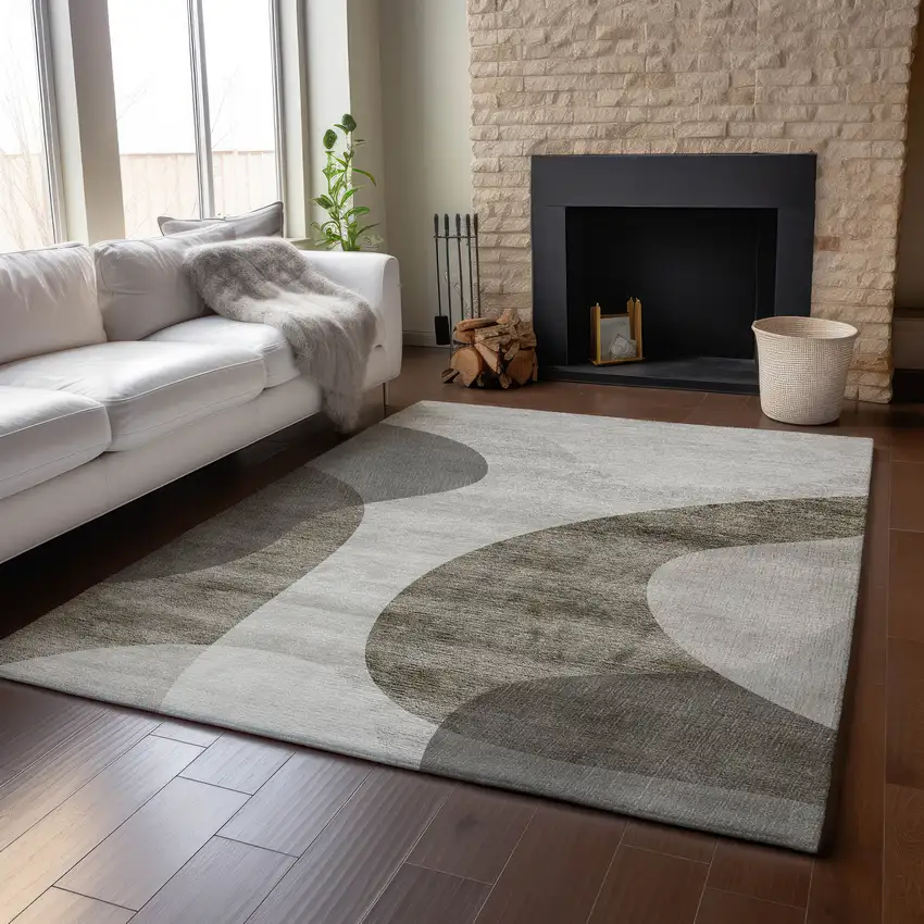 Taupe And Beige Geometric Washable Area Rug With UV Protection Photo 4