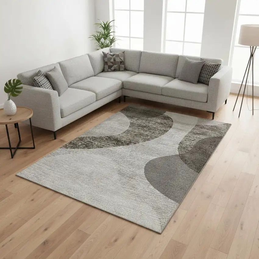 Taupe And Beige Geometric Washable Area Rug With UV Protection Photo 1