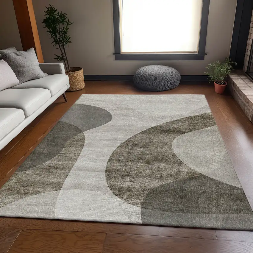 Taupe And Beige Geometric Washable Area Rug With UV Protection Photo 5