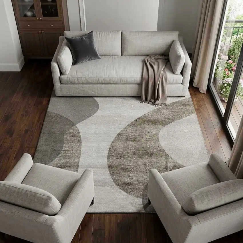 Taupe And Beige Geometric Washable Area Rug With UV Protection Photo 1