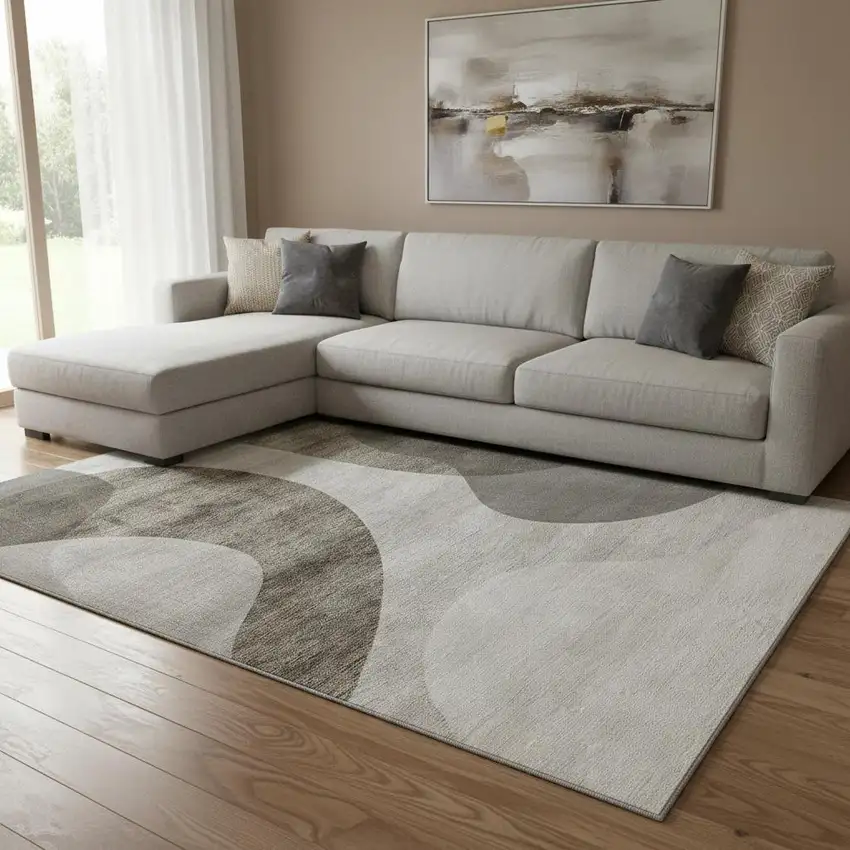 Taupe And Beige Geometric Washable Area Rug With UV Protection Photo 1