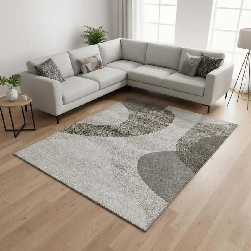 Taupe And Beige Geometric Washable Area Rug With UV Protection Photo 1
