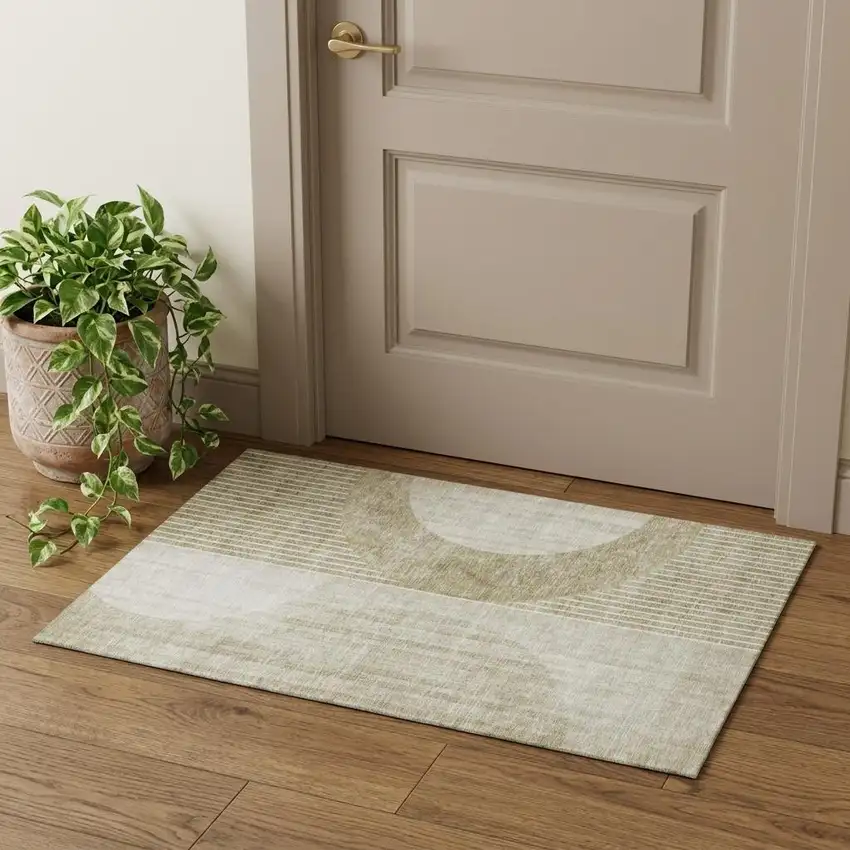Taupe And Beige Geometric Washable Area Rug With UV Protection Photo 1