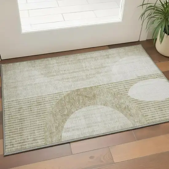 Taupe And Beige Geometric Washable Area Rug With UV Protection Photo 2