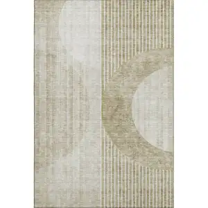 Photo of Taupe And Beige Geometric Washable Area Rug With UV Protection