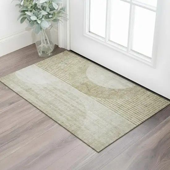 Taupe And Beige Geometric Washable Area Rug With UV Protection Photo 1