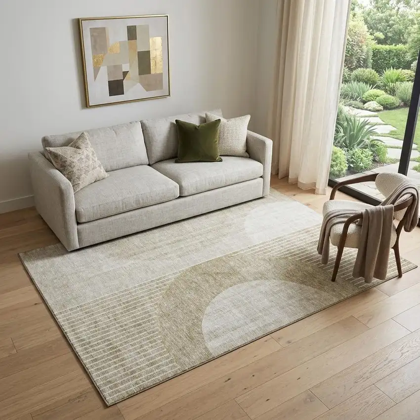 Taupe And Beige Geometric Washable Area Rug With UV Protection Photo 1