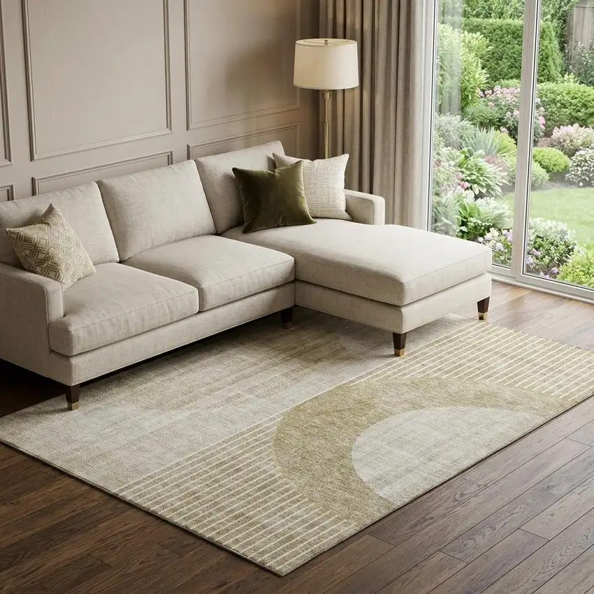Taupe And Beige Geometric Washable Area Rug With UV Protection Photo 1