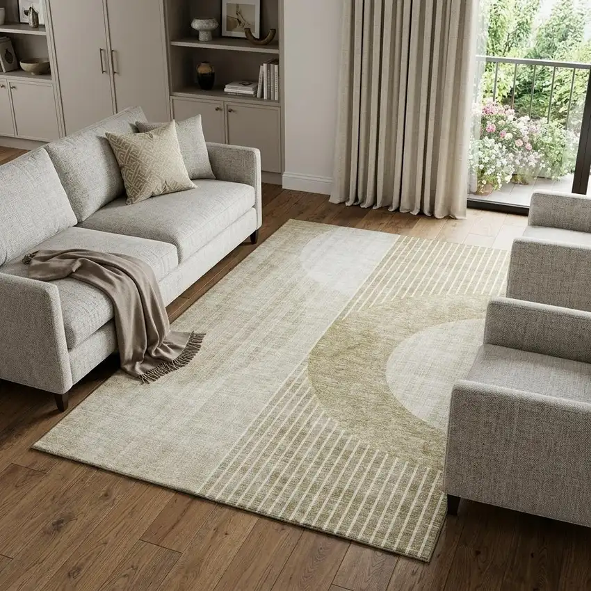 Taupe And Beige Geometric Washable Area Rug With UV Protection Photo 1